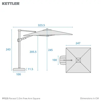 Kettler Free Arm Square Parasol 2.5m Stone - image 2